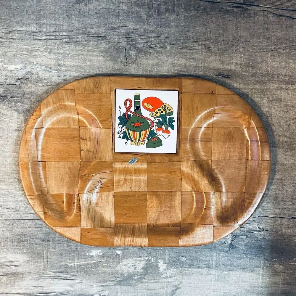Vintage MCM Parquet Wood Charcuterie Board Divided Tray Tile Inlay 18